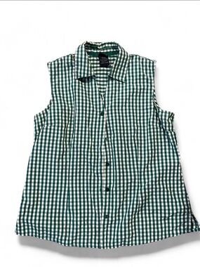 Basic Editions Green and White Gingham Sleeveless Button-Up